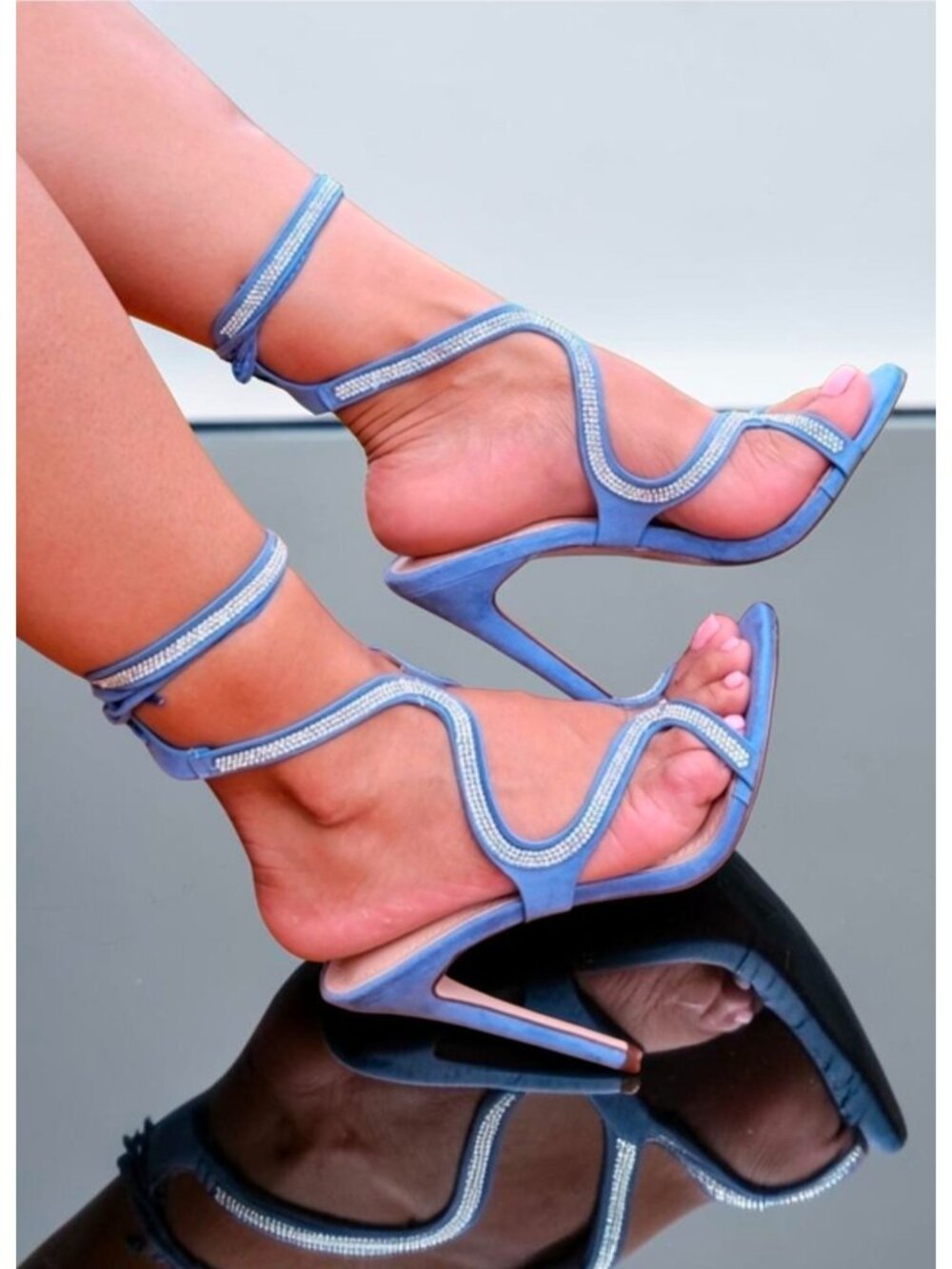 Strappy Blue High Heel Sandals With Rhinestone Detailing & Ankle Wrap Design For